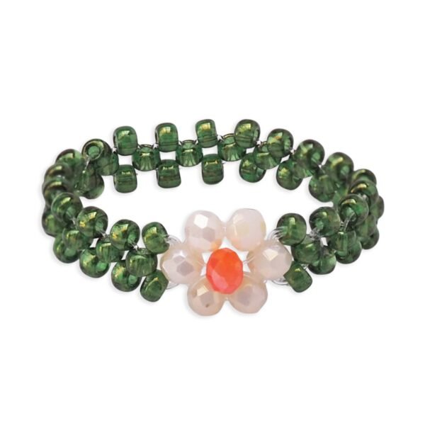 Green Seed Bead Ring with Flower